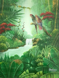 16"x12" Green And Colorful Birds, Cascade, River Canvas Painting