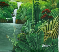 20"x24" Lush Forest With Cascade Original Contemporary Painting