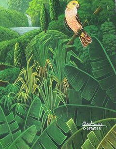 24"x20" Birds In Tropical Jungle With Cascade & Trees Contemporary Painting