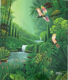 24"x20" Birds In Tropical Jungle With Cascade & Trees Contemporary Painting