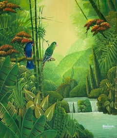 24"x20" Deep Forest With Birds & Cascade Original Contemporary Painting