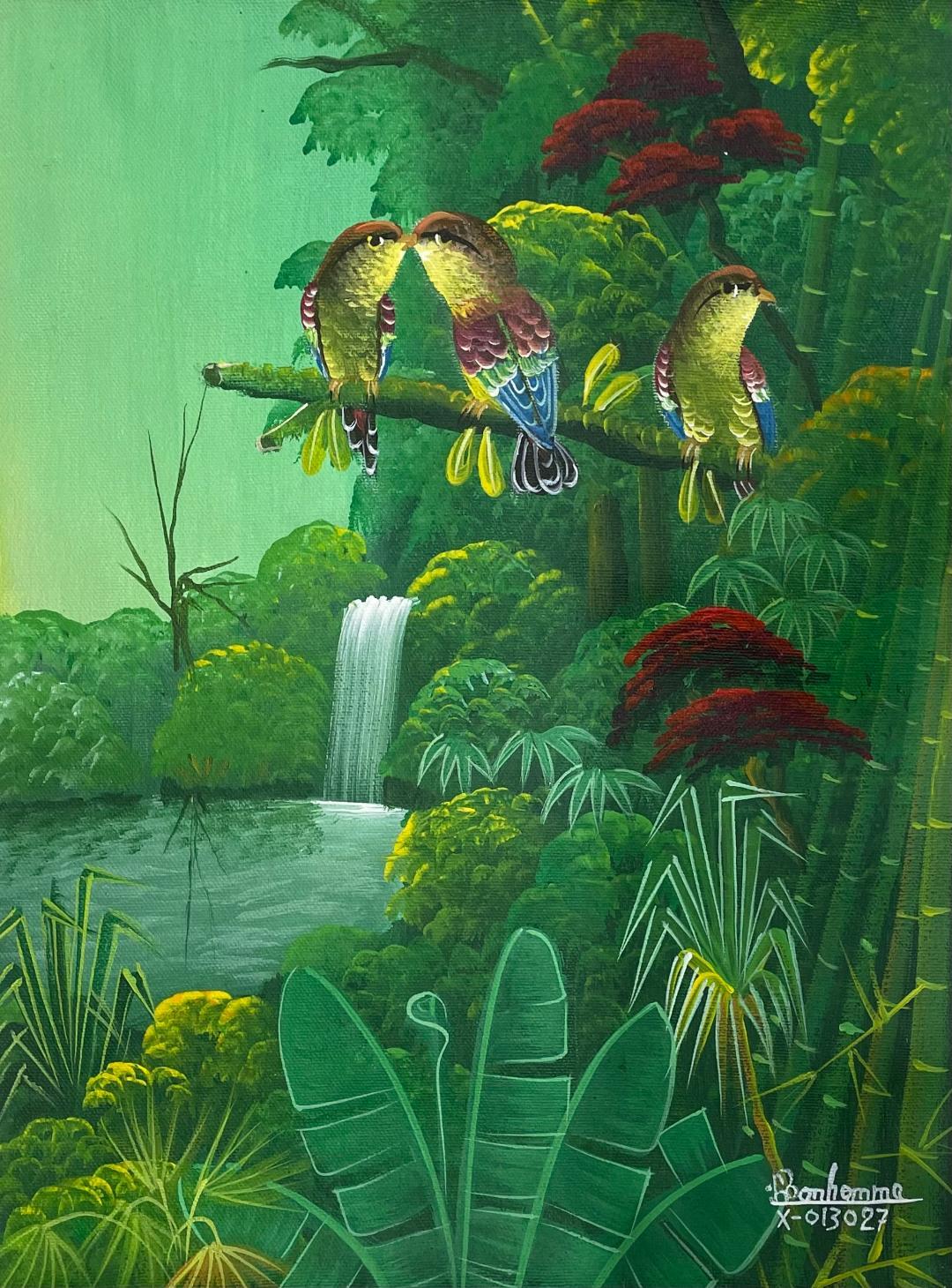 Albott Bonhomme Landscape Painting - A Couple & A Bird 16"x12" Original Haitian Contemporary Painting