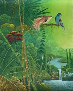 Oiseaux et cascade - Peinture originale à l'acrylique sur toile