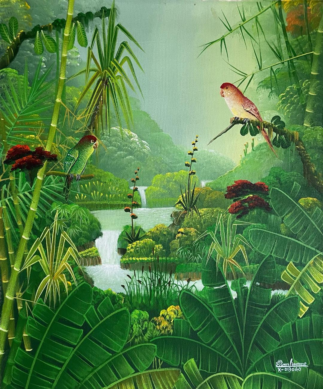 Albott Bonhomme Animal Painting - Green, Yellow Birds & Cascade - Original Contemporary Painting