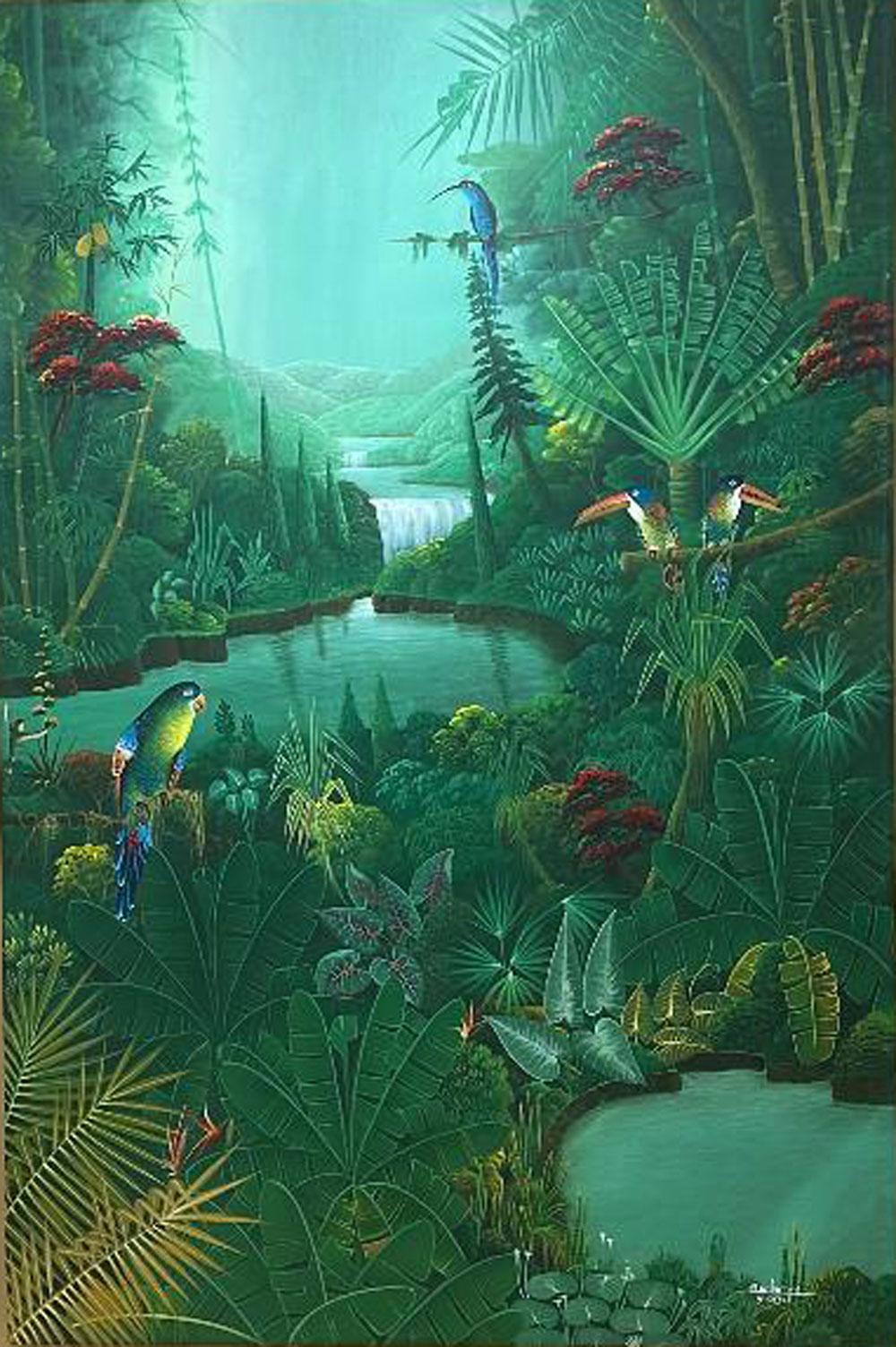 Albott Bonhomme Animal Painting - Paradise, Birds & Cascade 60"x40" Original Contemporary Painted Borders Painting