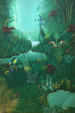 Paradise, Birds & Cascade 60"x40" Original Contemporary Painted Borders Painting