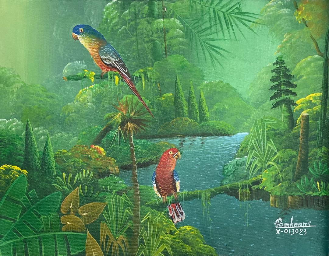 Albott Bonhomme Landscape Painting - Two Birds On Branches 12"x16" Original Haitian Contemporary Painting
