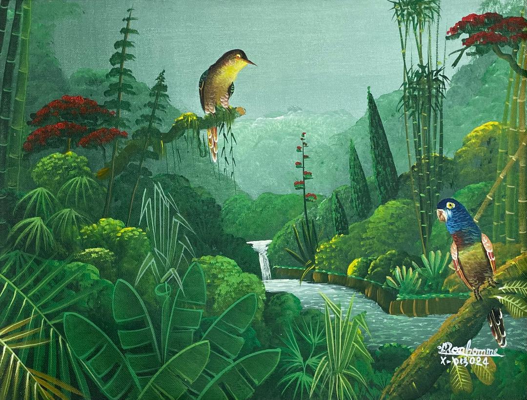 Albott Bonhomme Animal Painting - Two Birds Over Cascade 12"x16" Original Haitian Contemporary Painting
