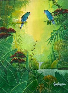 Two Blue Birds, Trees & Cascade 16"x12" Original Haitian Contemporary Painting