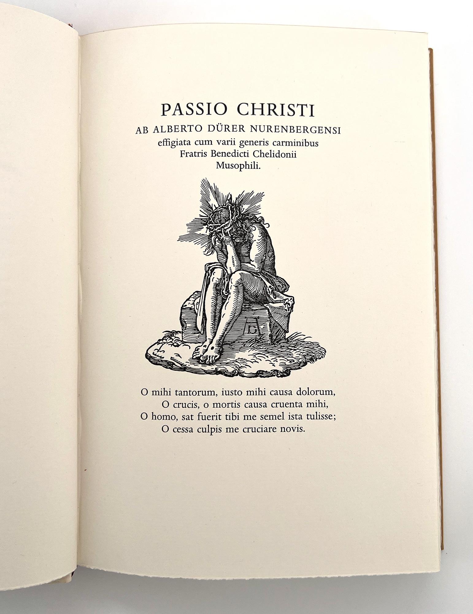 A lush LIMITED EDITION of Albrech Dürer's woodcuts illustrating the Passion of Christ, printed by OFFICINA BODONI in Verona.

Albrecht Dürer. La Passione. 
Verona: Officina Bodoni, 1971. Limited Edition. 
8vo; 9 x 6 in. (230 x 153 mm); 222 pp.