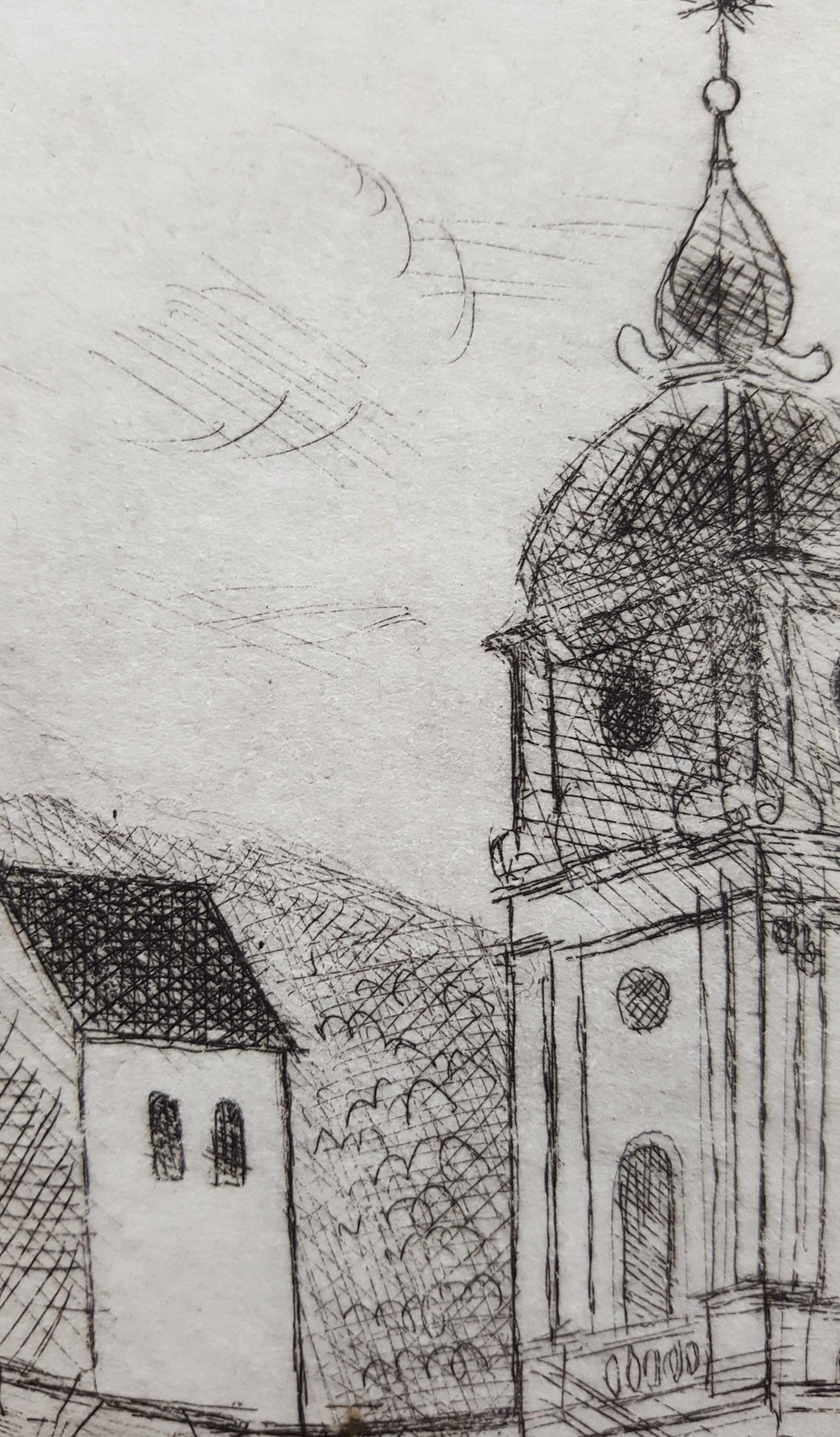 Ettal Abbey /// German Modern Etching Architecture Church Building City Scene im Angebot 5