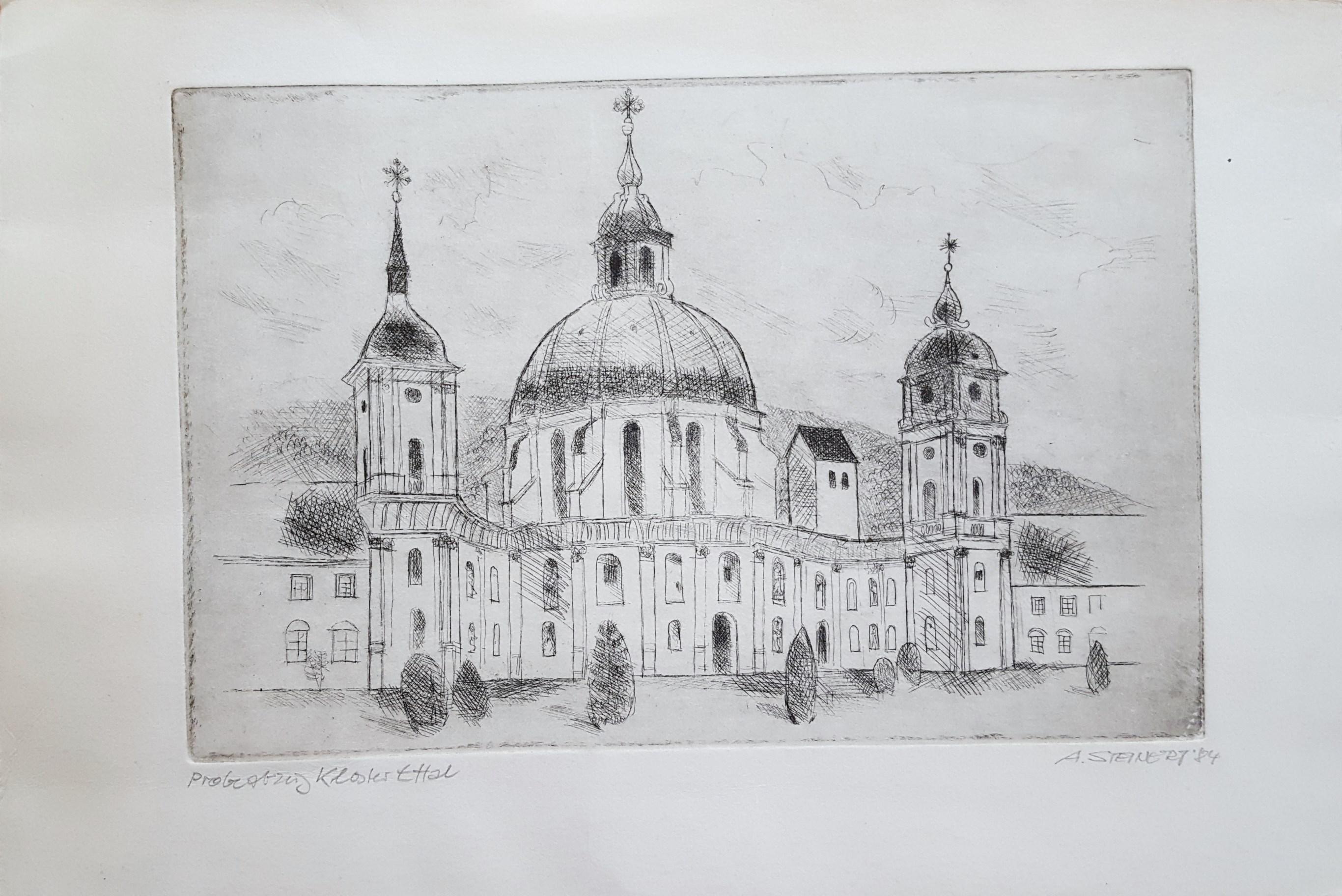 Ettal Abbey /// German Modern Etching Architecture Church Building City Scene – Print von Albrecht Steinert