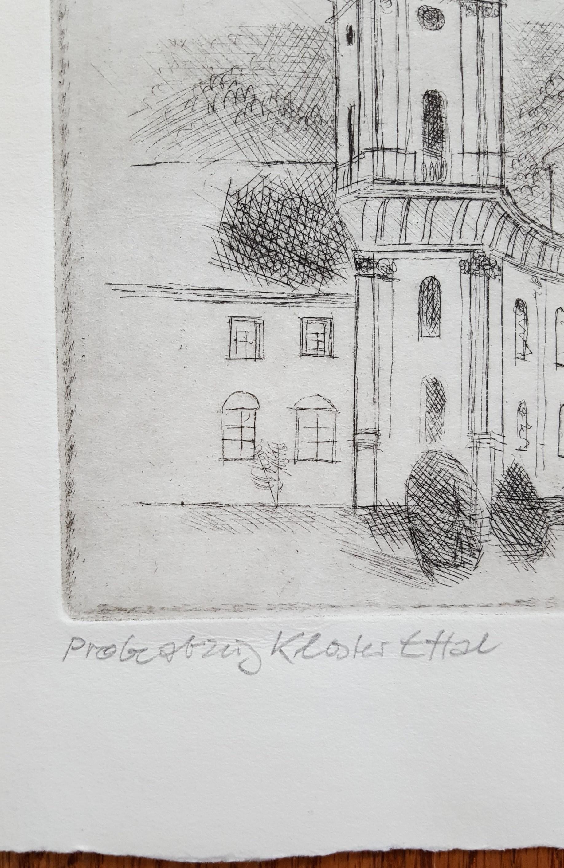 Ettal Abbey /// German Modern Etching Architecture Church Building City Scene (Zeitgenössisch), Print, von Albrecht Steinert