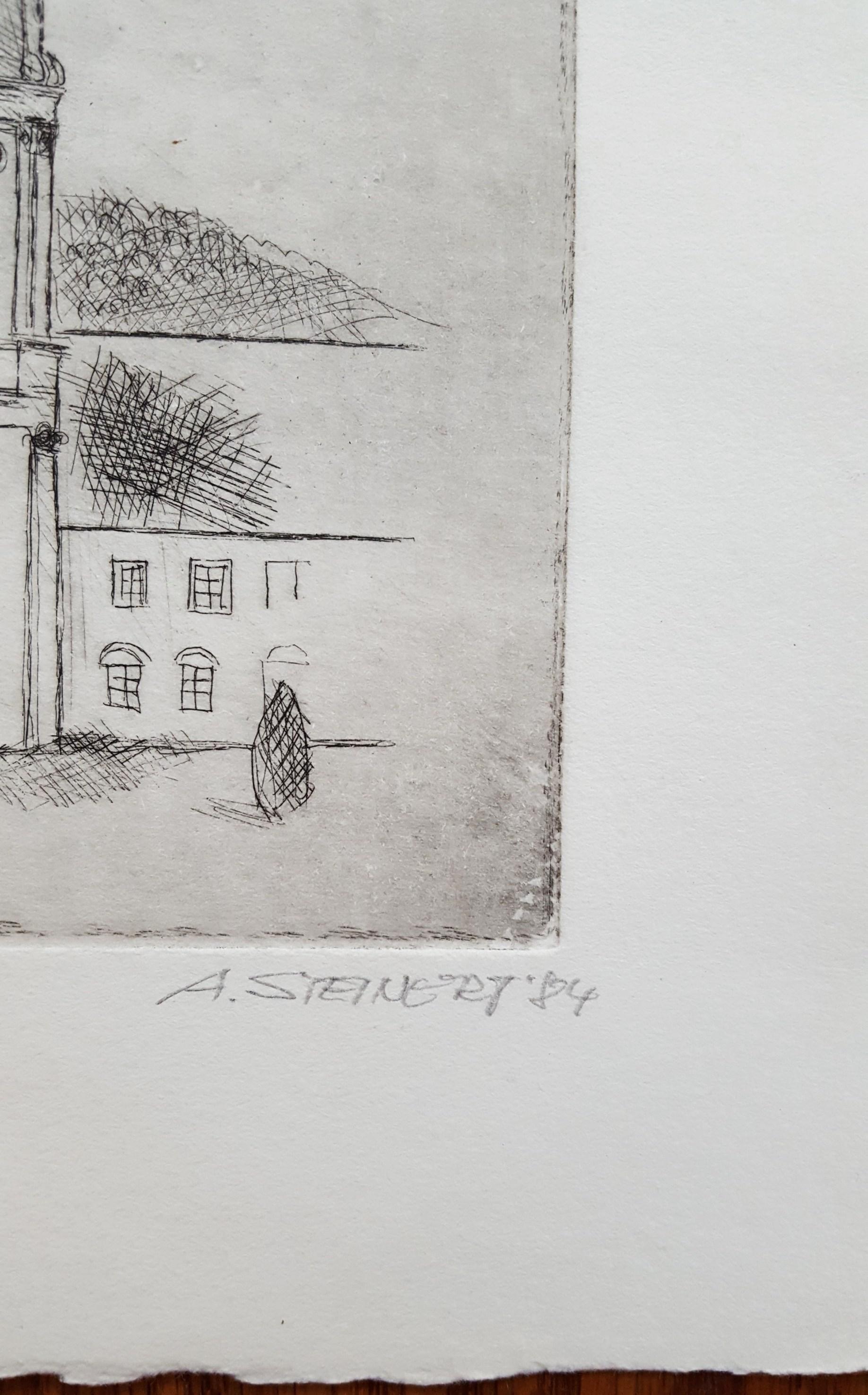 Ettal Abbey /// German Modern Etching Architecture Church Building City Scene (Grau), Landscape Print, von Albrecht Steinert
