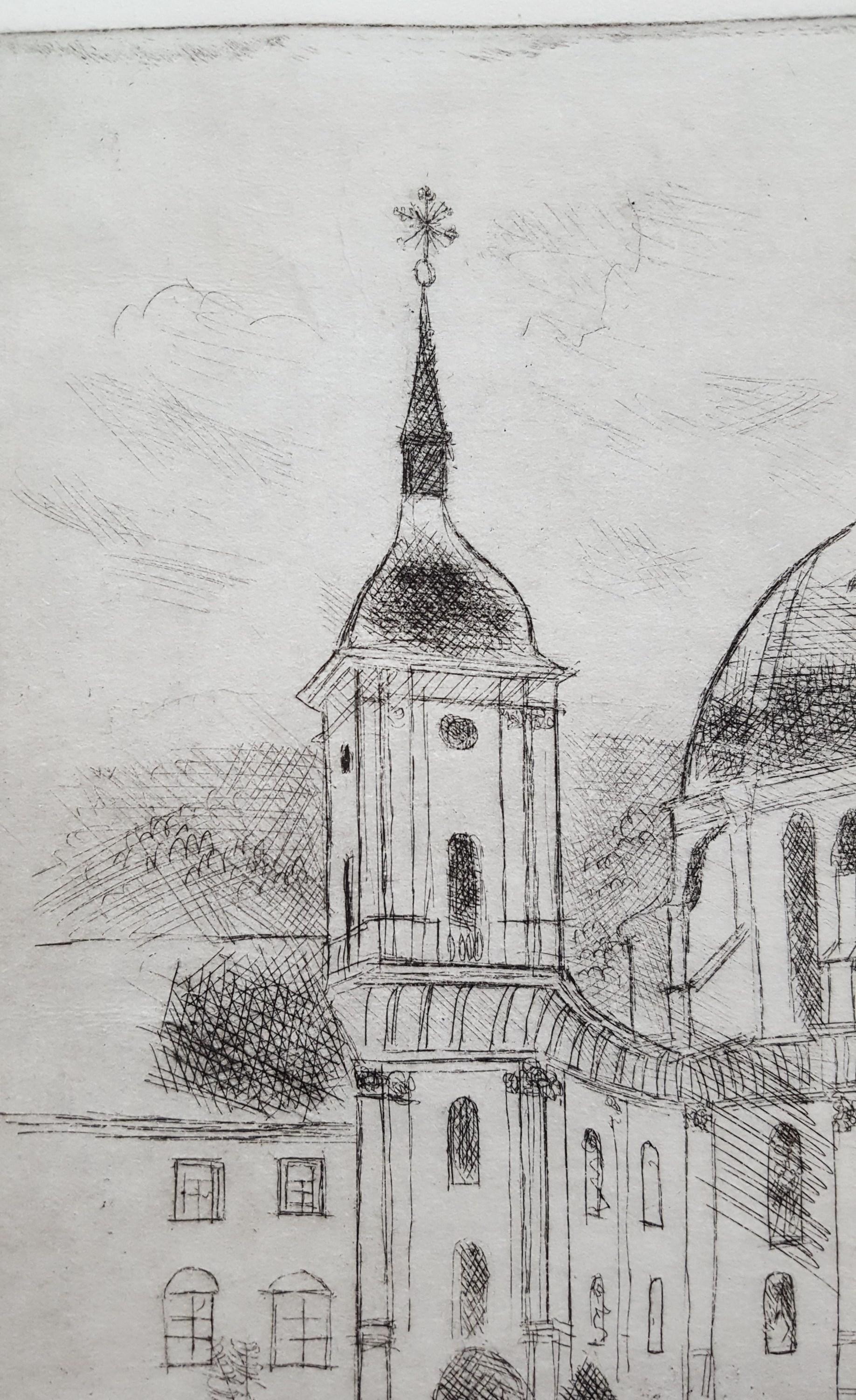 Ettal Abbey /// German Modern Etching Architecture Church Building City Scene im Angebot 1
