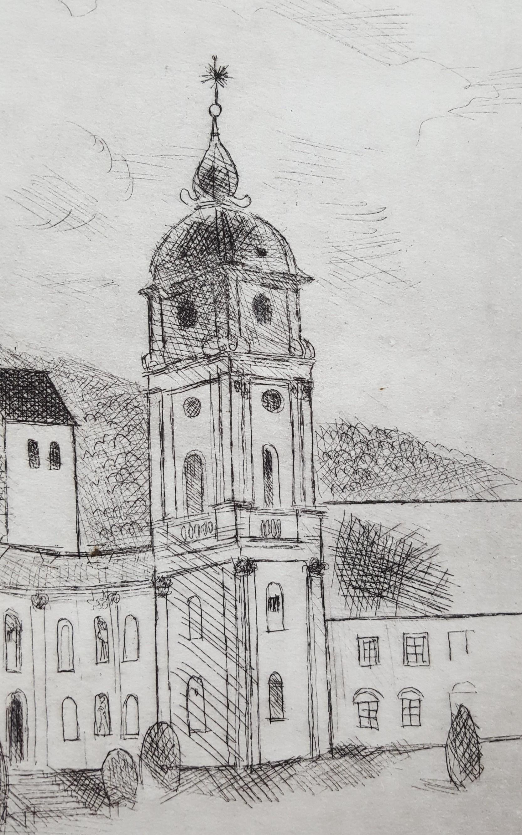 Ettal Abbey /// German Modern Etching Architecture Church Building City Scene im Angebot 2
