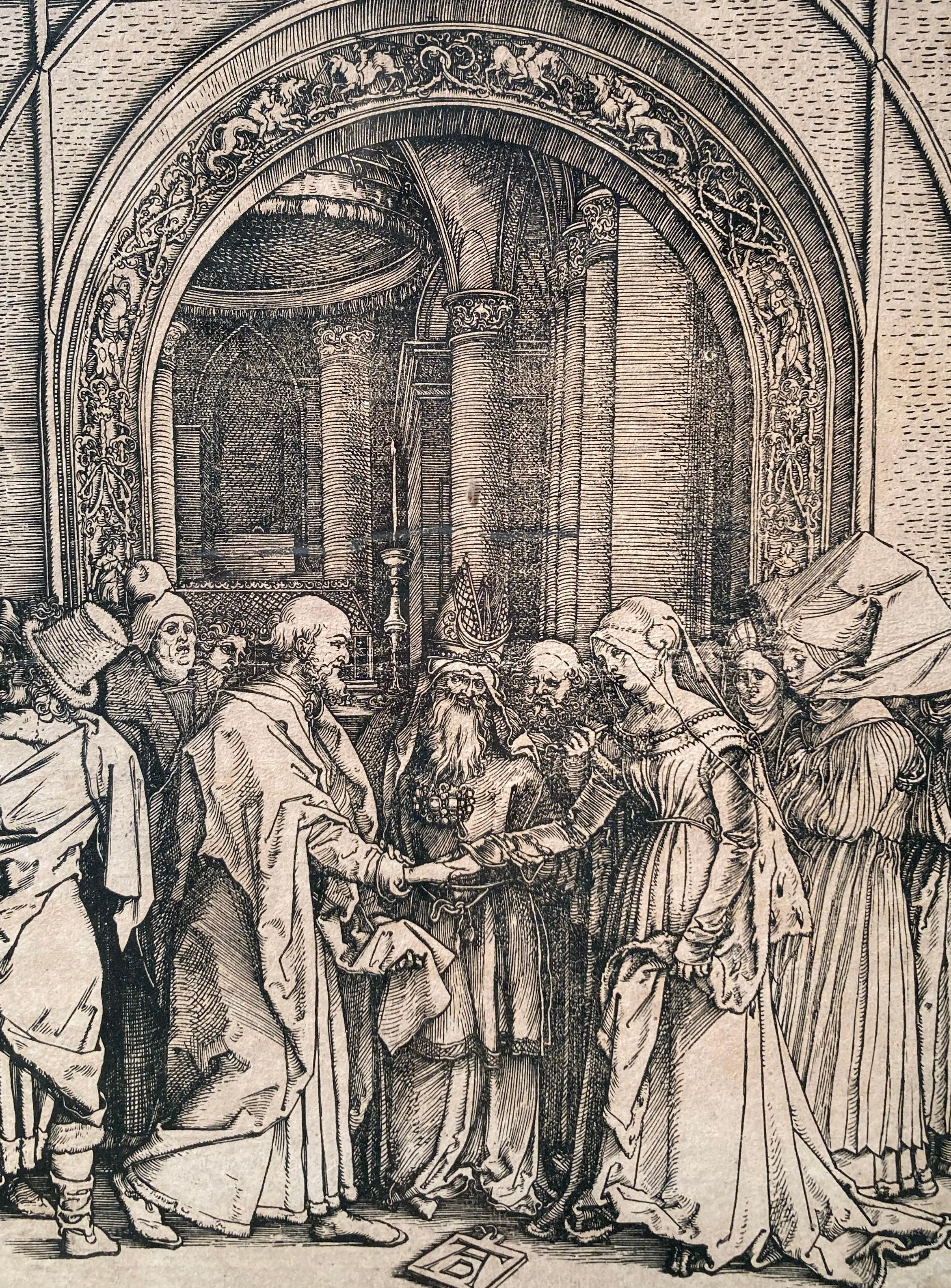 Dürer
Matrimonio della Vergine
Una delle serie di 20 xilografie, senza testo, davanti a un tempio, un sacerdote che unisce le mani destre della Vergine e di San Giuseppe, a destra dietro la Vergine un gruppo di donne, a sinistra dietro Giuseppe un