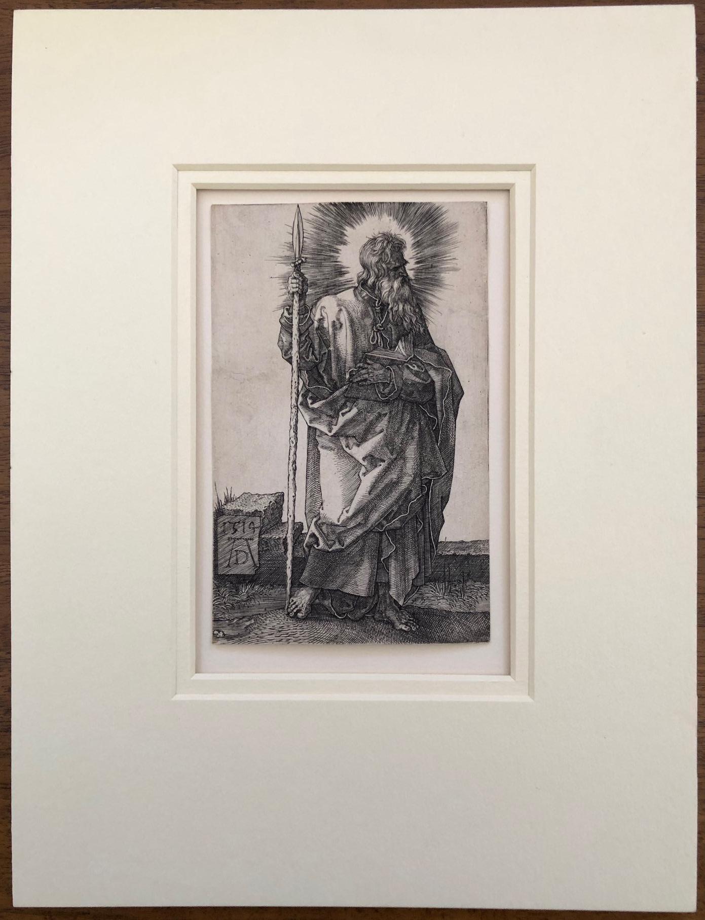 Albrecht Dürer (1471 – Nuremberg – 1528), 
St. Thomas , 1514, 
engraving
118x70 mm; 4 ½ x 2 ¾ inches 
matted : approx. 9 x 7 inches
Bartsch 48 ; Meder 50 

Provenance: 
Private collector London
Lucien Goldschmidt , Madison Ave , NYC
acquired in 1980