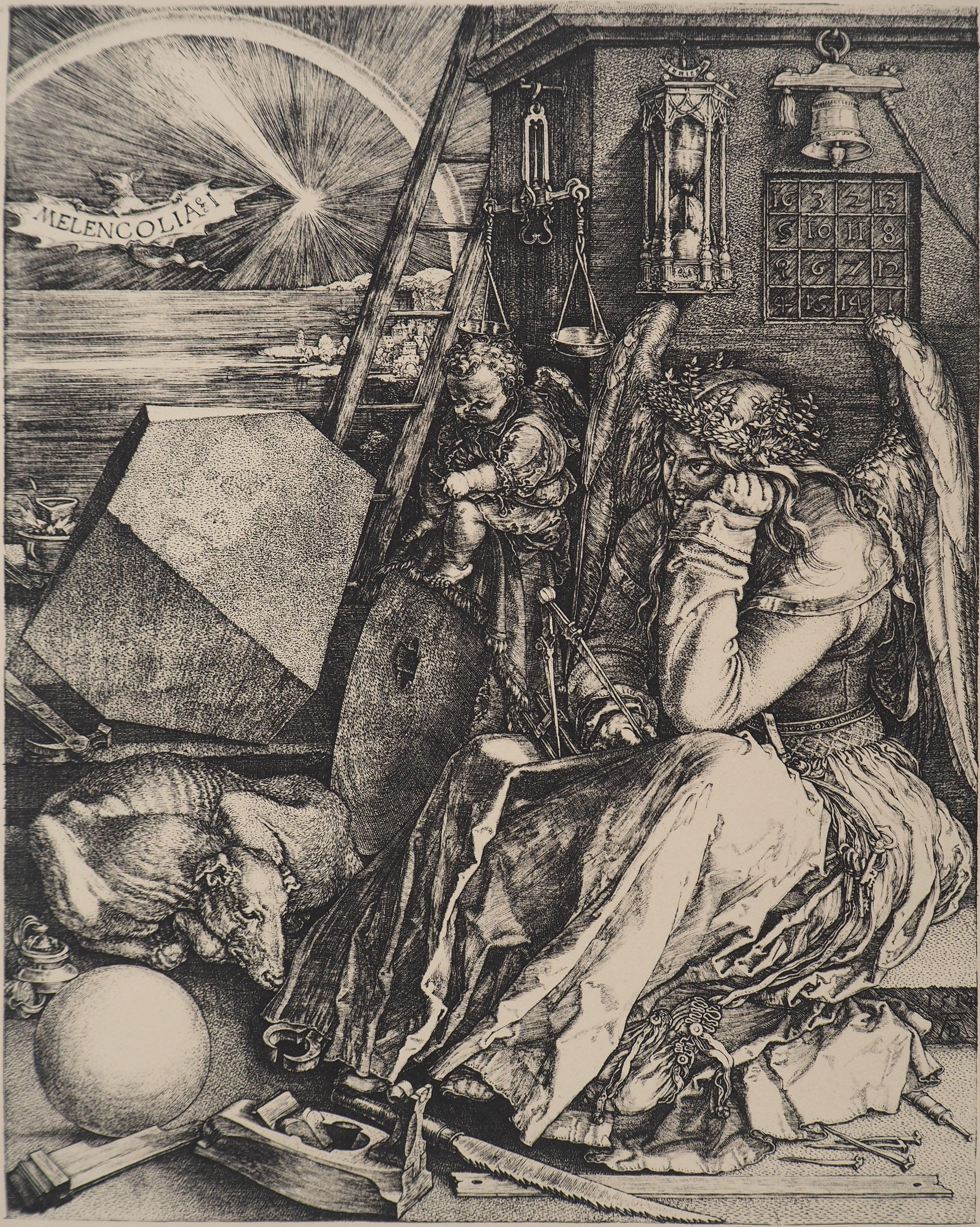 Symbolism : Melancolia - Etching - Brown Figurative Print by Albrecht Dürer