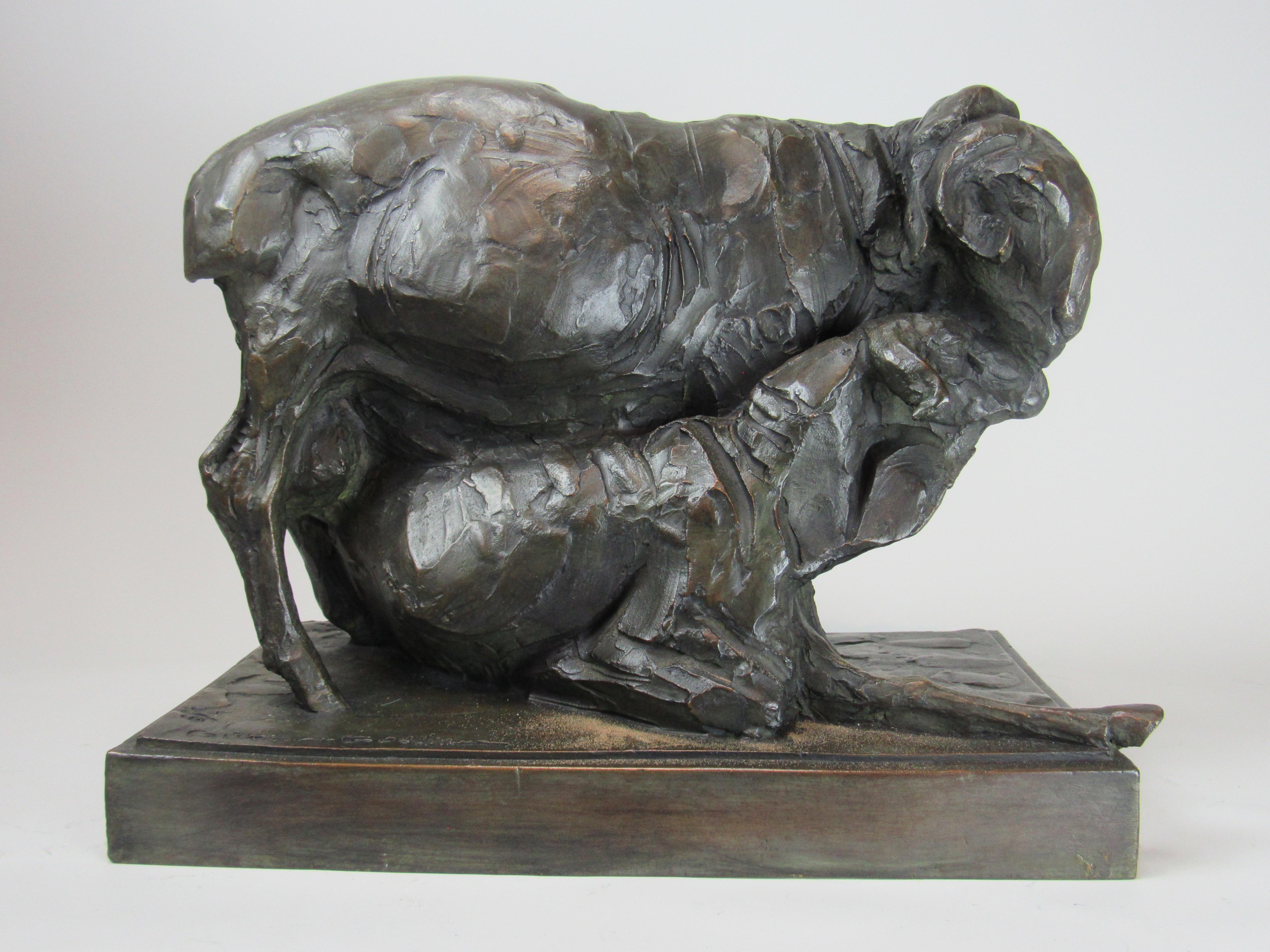 Albéric Collin Nude Sculpture - Animal Bronze Ewe and Ram by Alberic Collin (close friend of Rembrandt Bugatti)