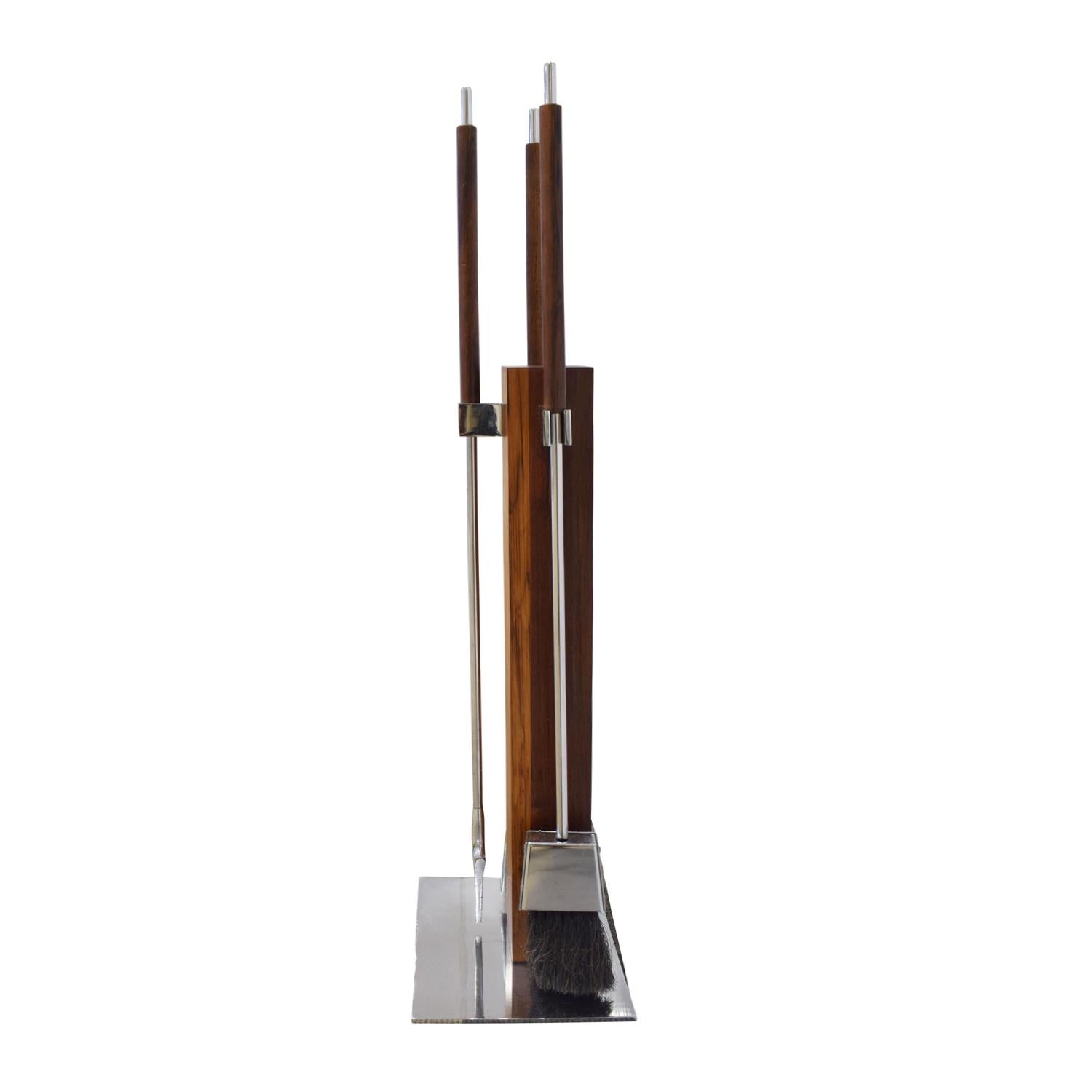 Mid-Century Modern Danny Alessandro Fireplace Tool Set In Brazilian Rosewood and Chrome 1980s