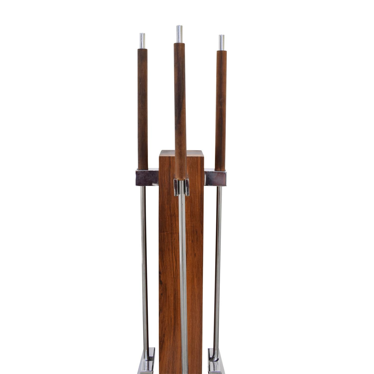 Danny Alessandro Fireplace Tool Set In Brazilian Rosewood and Chrome 1980s In Excellent Condition In New York, NY