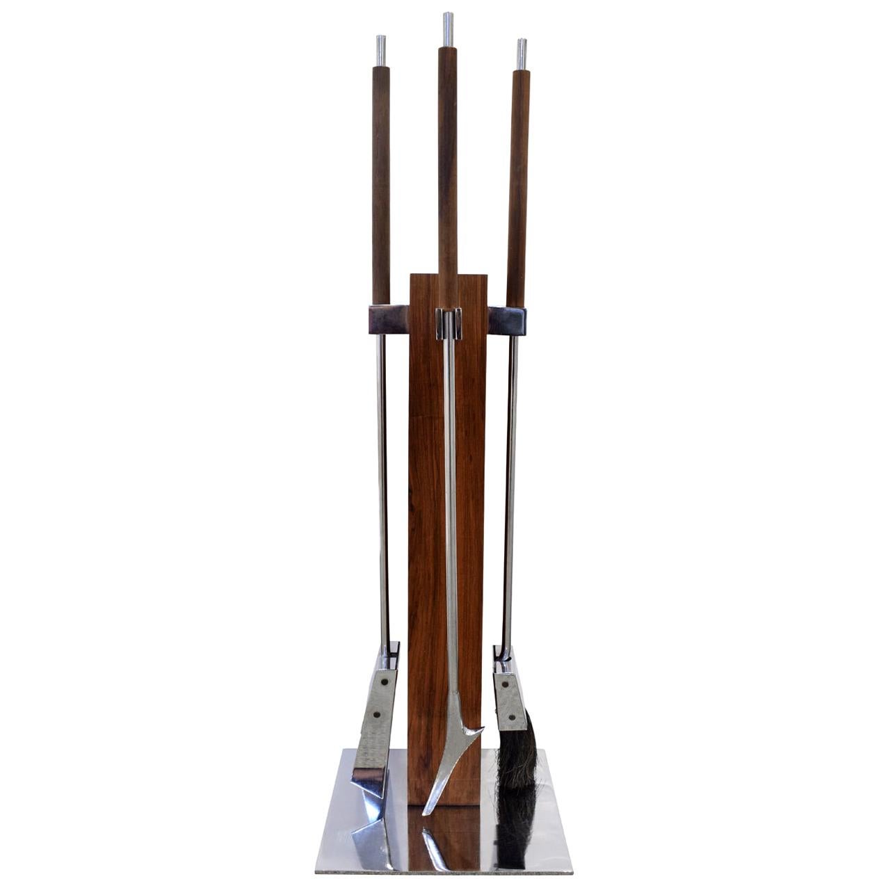 Danny Alessandro Fireplace Tool Set In Brazilian Rosewood and Chrome 1980s
