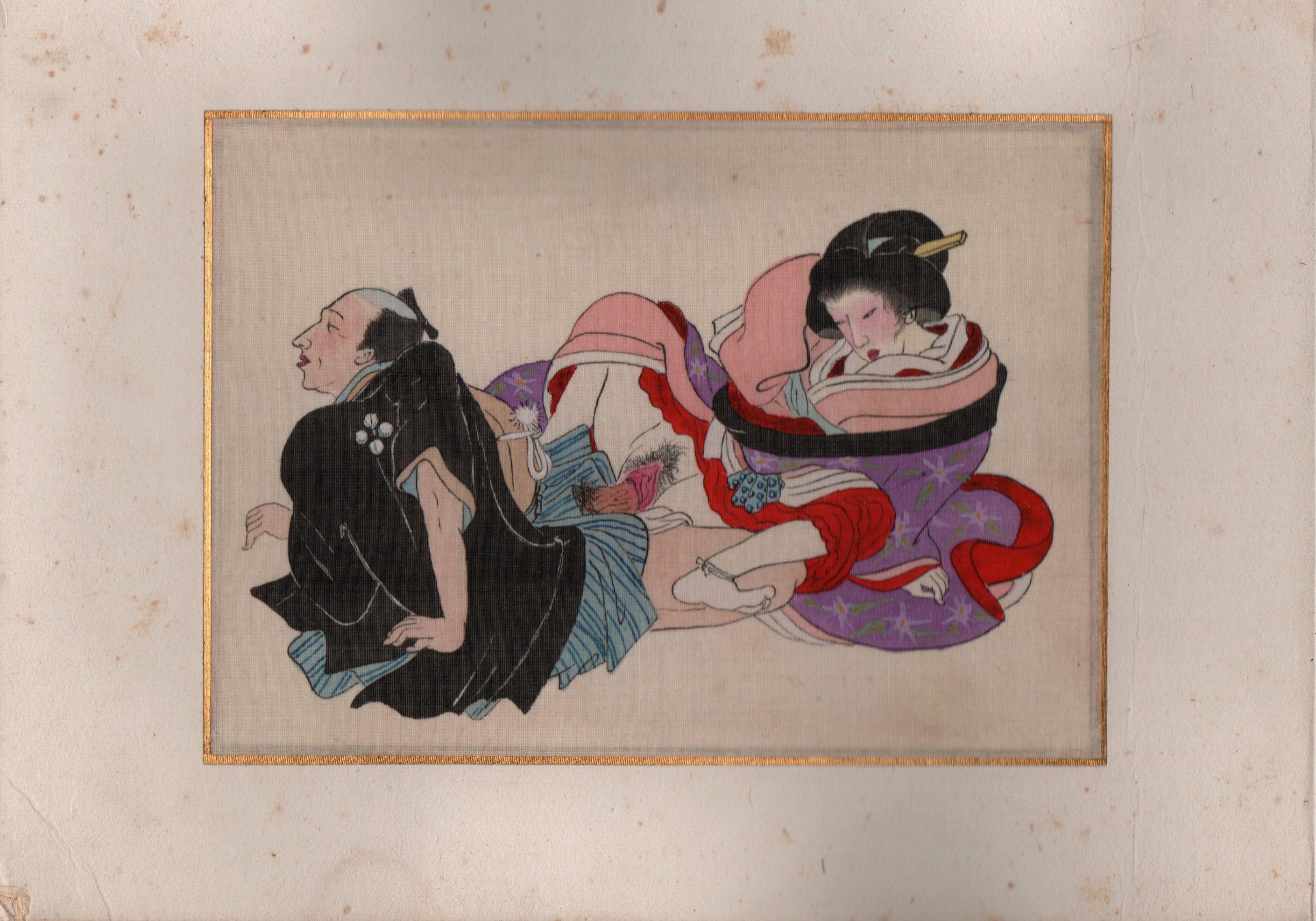Album mit erotischen Bildern. Japan. Anfang des 20. Jahrhunderts. Shunga mit 28 Gemälden, echt handbemalt. Tusche und Farben auf Seide. Brokat-Rahmen. 9.25 x 7in. Bildgrößen von (4