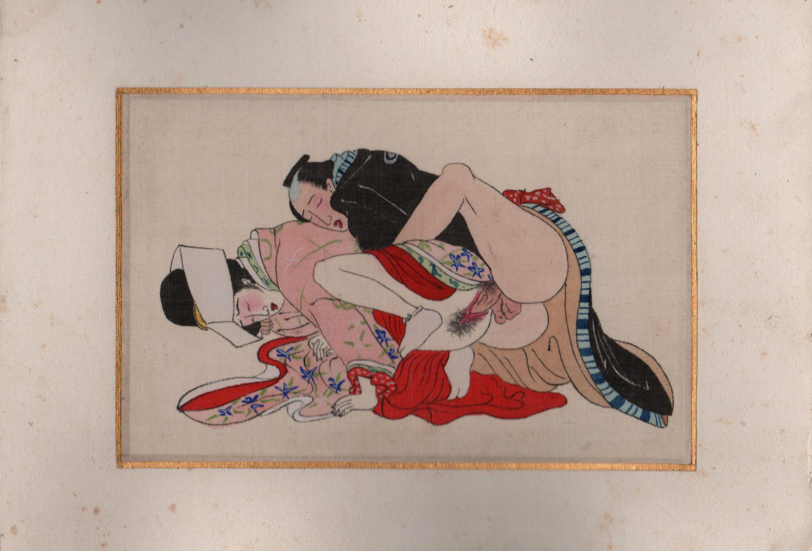 Hand-Painted Album of Japanese Shunga 28 Paintings Early 20th Century For Sale