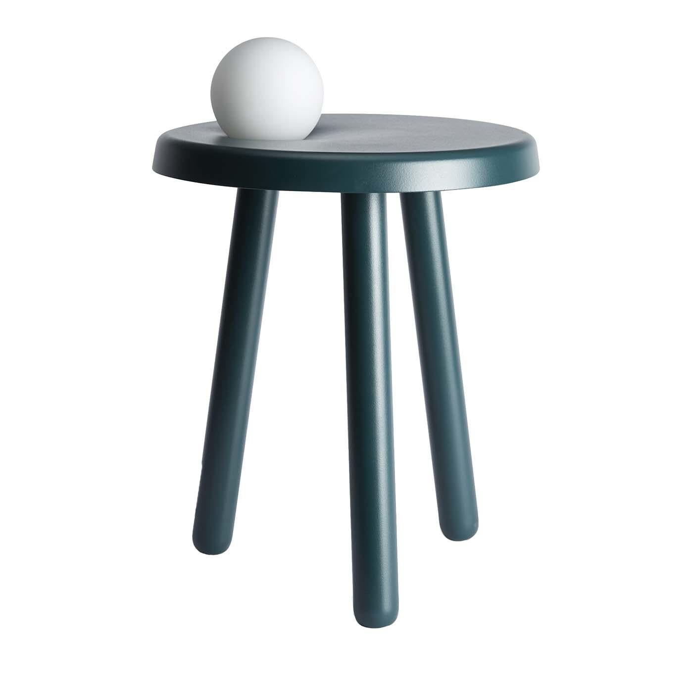 Inspired by Albert Einstein's Theory of Relativity, this side table is an Exclusive Design by Matteo Fiorini for Mason Editions. Crafted of iron in a vivid blue-green color, it features three slanted cylindrical legs with rounded feet. The circular