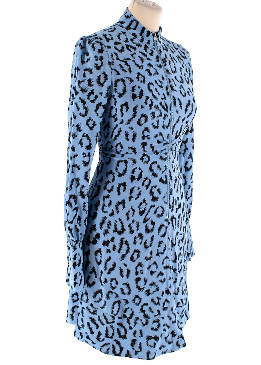 A.L.C. Blue Animal Print Zip Front Silk Mini Dress

-Graphical animal print 
-Luxurious soft silk fabric 
-Long sleeve with buttoned cuffs 
-Metal zip fastening to the front 
-Raised collar 
-Ruffled detail to the waist 
-Flared skirt with bottom
