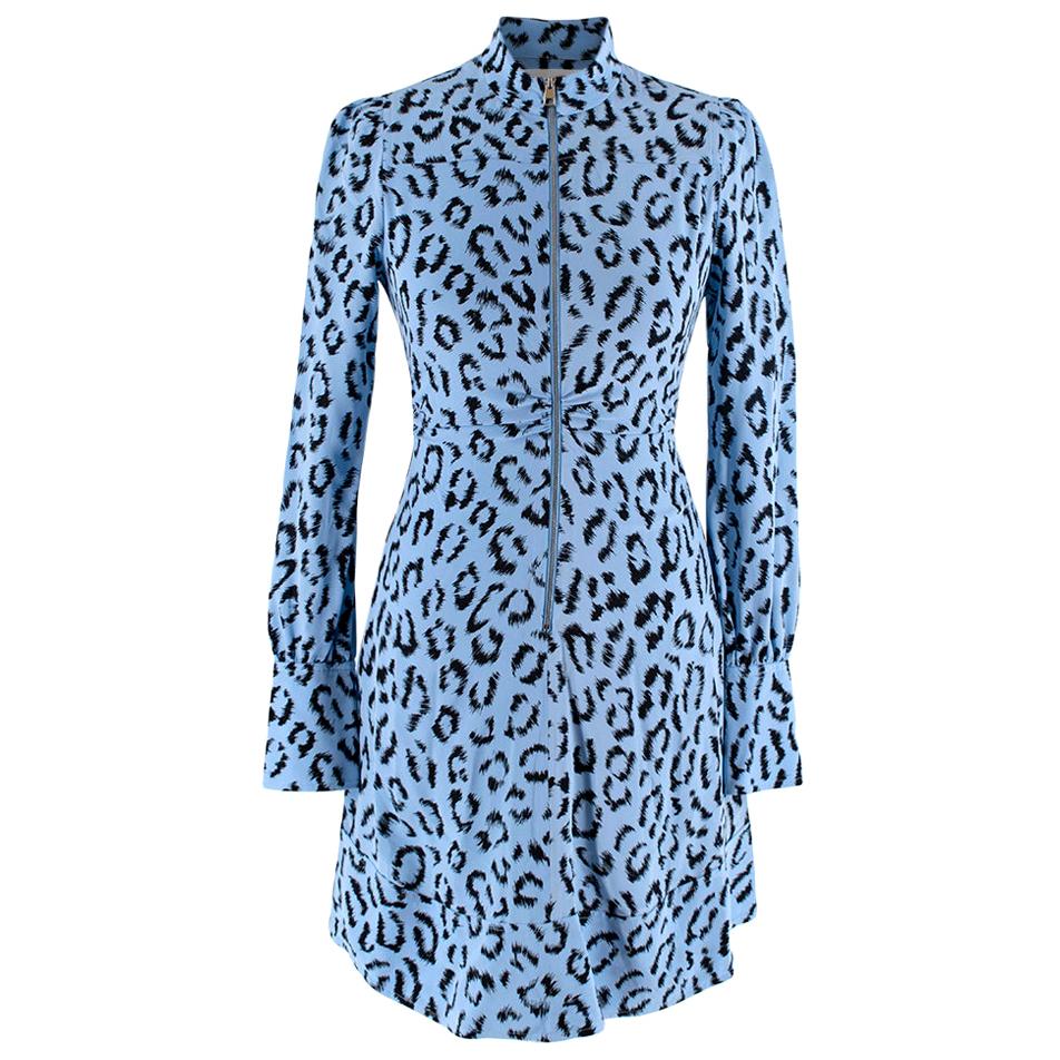 A.L.C. Marcella Blue Animal Print Zip Front Silk Mini Dress 00