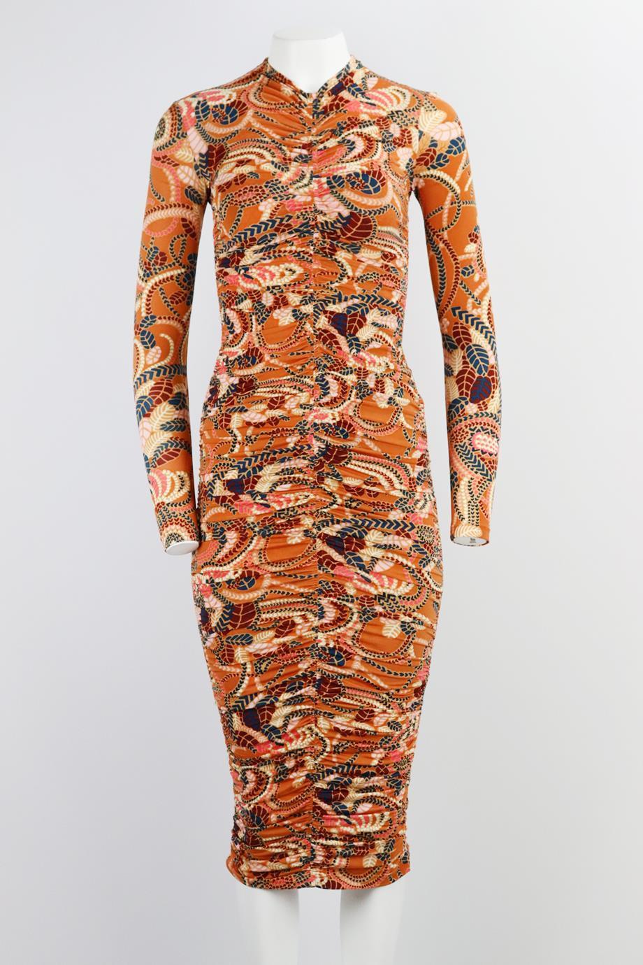 A.L.C. ruched printed stretch crepe midi dress. Multicoloured. Long sleeve, turtleneck. Zip fastening at back. 92% Polyester, 8% elastane. Size: XSmall (UK 6, US 2, FR 34, IT 38). Bust: 26 in. Waist: 20 in. Hips: 30 in. Length: 44 in
