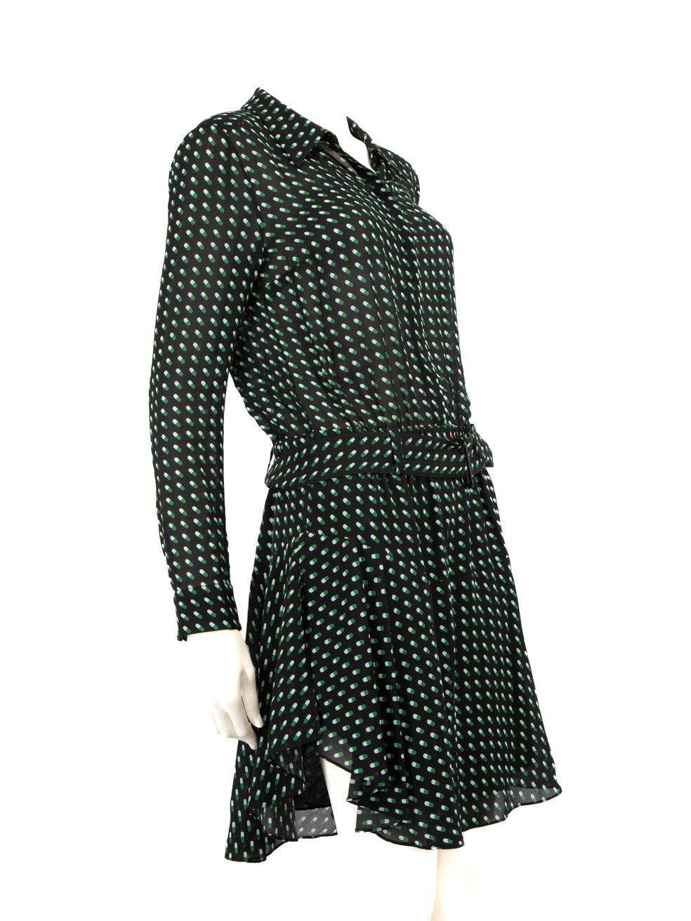 CONDITION is Very good. Minimal wear to dress is evident. There is a small white mark towards the bottom of the dress and a loose thread just below belt on this used A.L.C. designer resale item.
 Details
 Multicolour: Black, Green and White
 Silk

