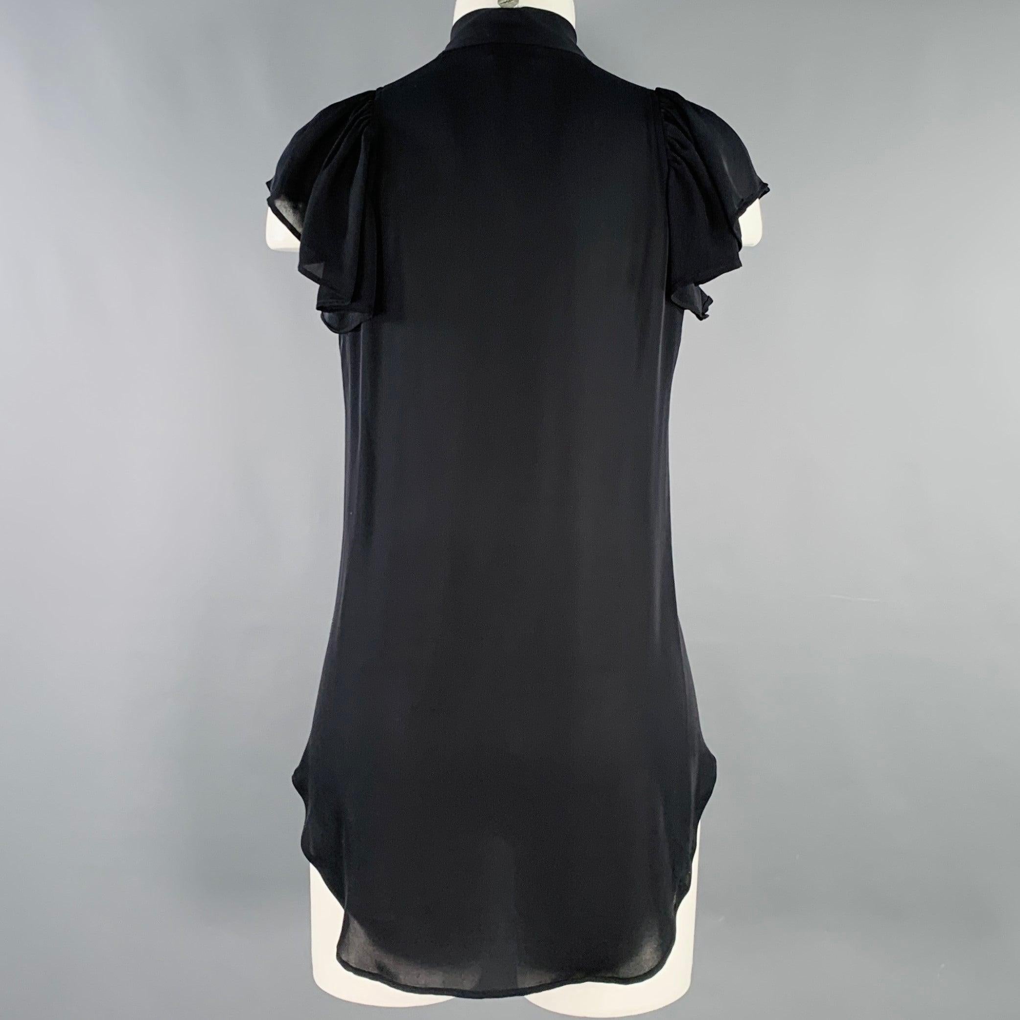 Women's A.L.C. Size 2 Black Silk Bow Cap Sleeves Blouse Dress Top For Sale