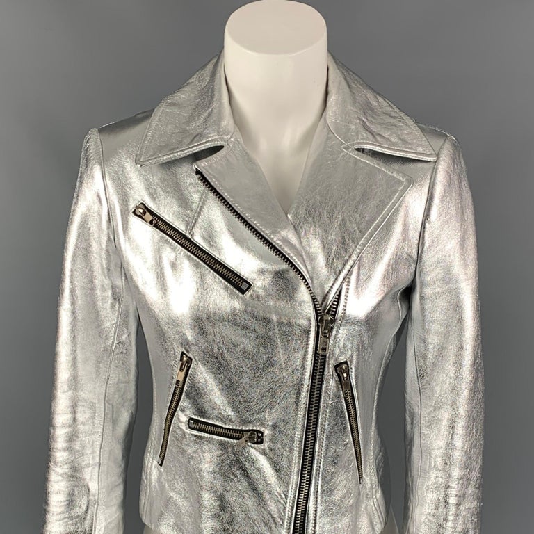 M & C Silver Metallic Leather Jean Jacket Small / Black