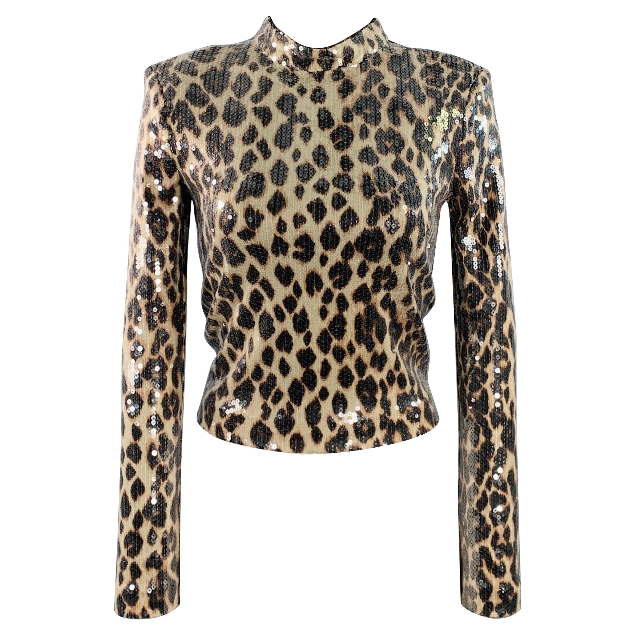 A.L.C. Size XS Beige Brown Polyester Blend Sequined Leopard Mock Neck Dress Top