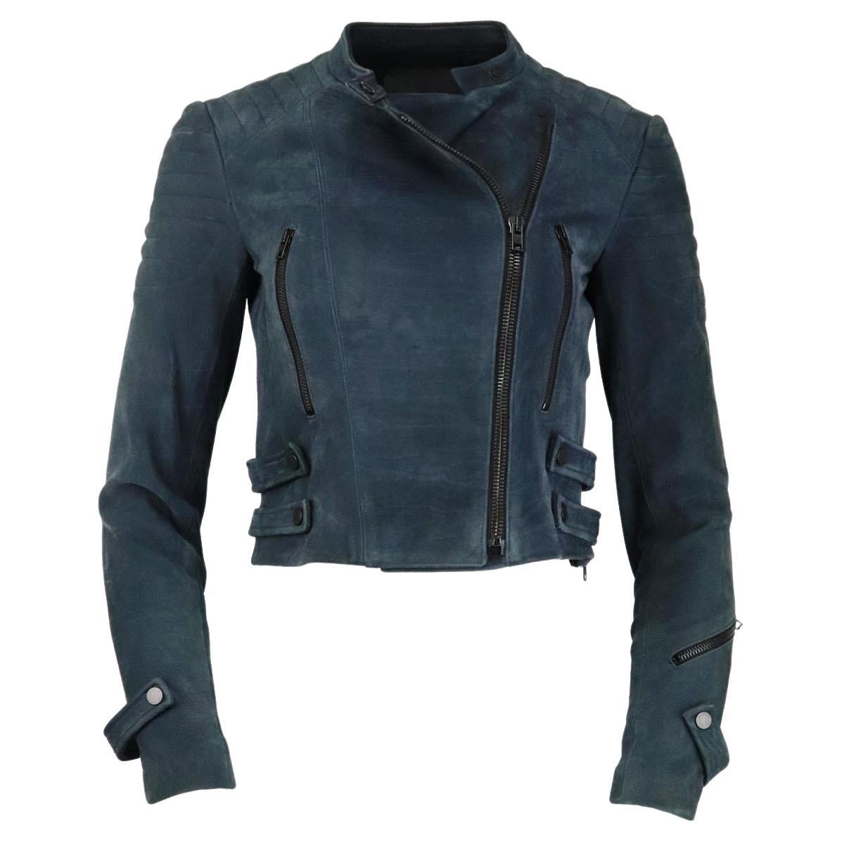 new ALC leather waist navy grey wool tweed colorblocked slim fit pants ...