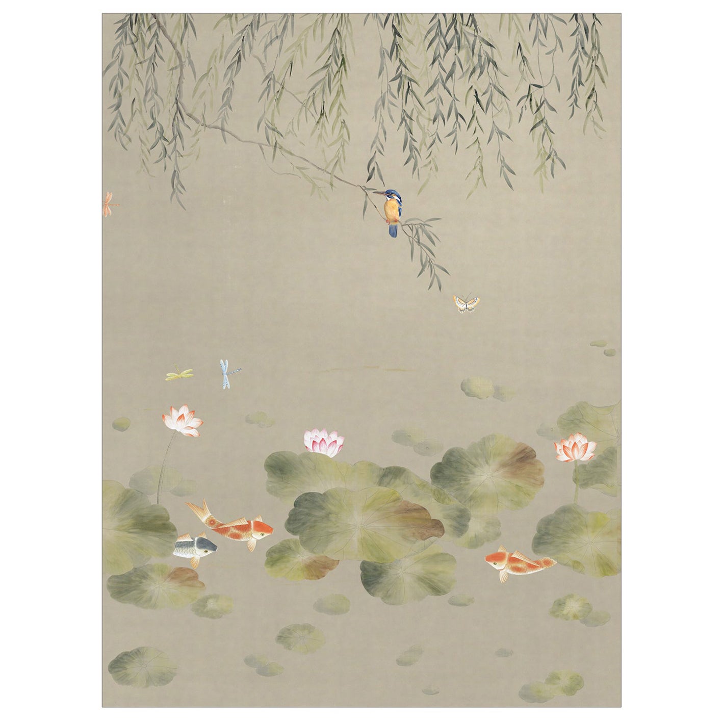 Alcedines Hand-painted Pearl Silk Mural For Sale