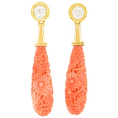 Alchemy Collection Antique Carved Coral and Diamond Chandelier Earrings