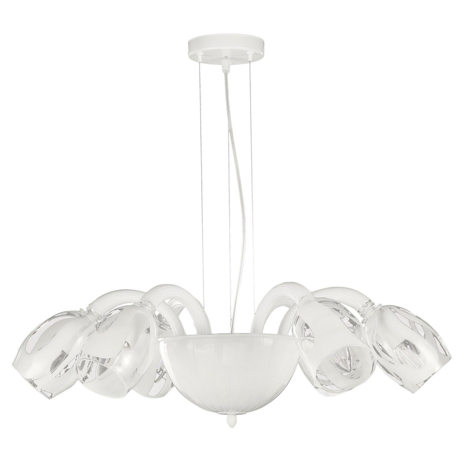 Lustre à 6 bras en verre de Murano soufflé à la main blanc et transparent par Multiforme