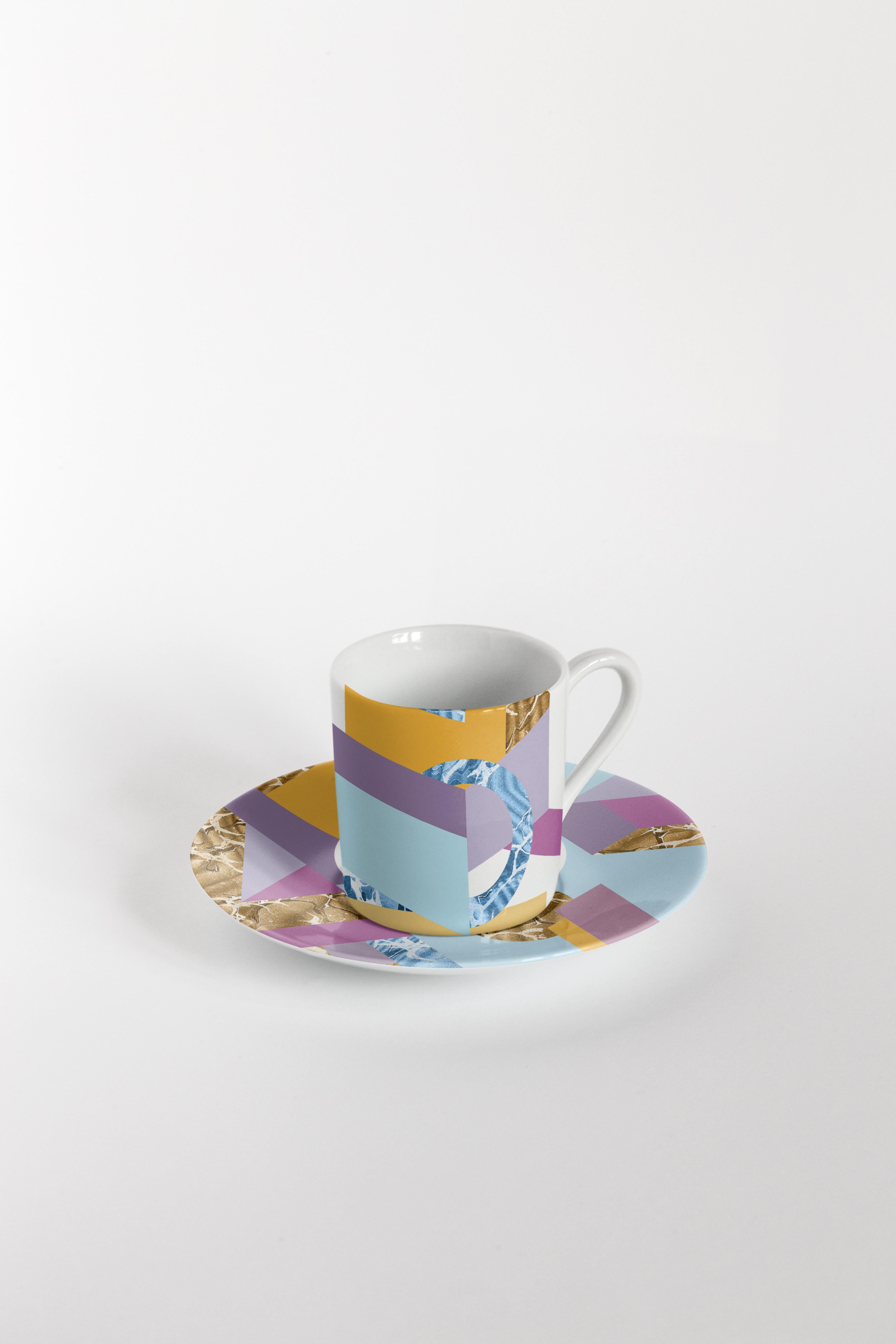 Italian Alchimie, Coffee Set with Six Contemporary Porcelains with Decorative Design For Sale