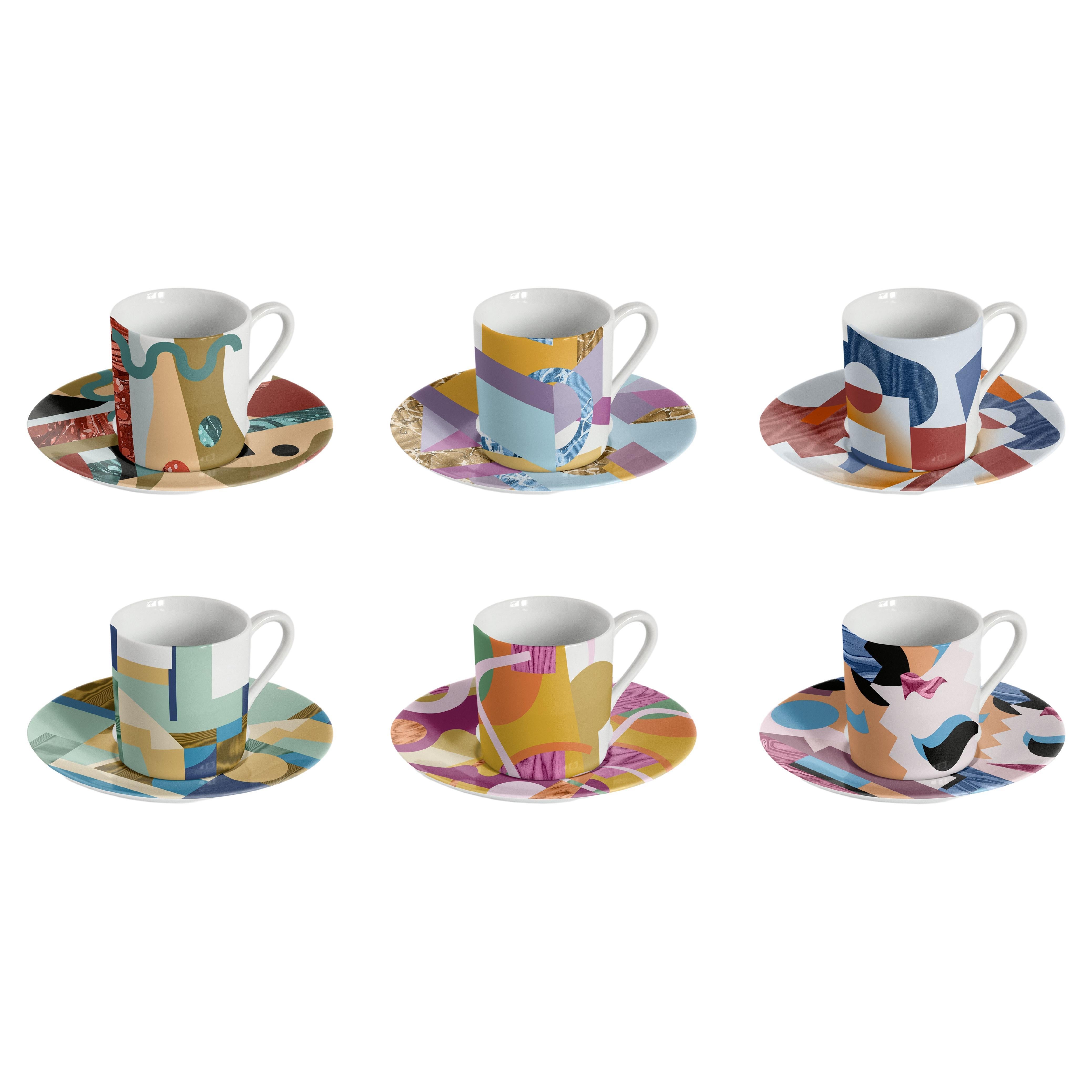 Alchimie, Coffee Set with Six Contemporary Porcelains with Decorative Design For Sale
