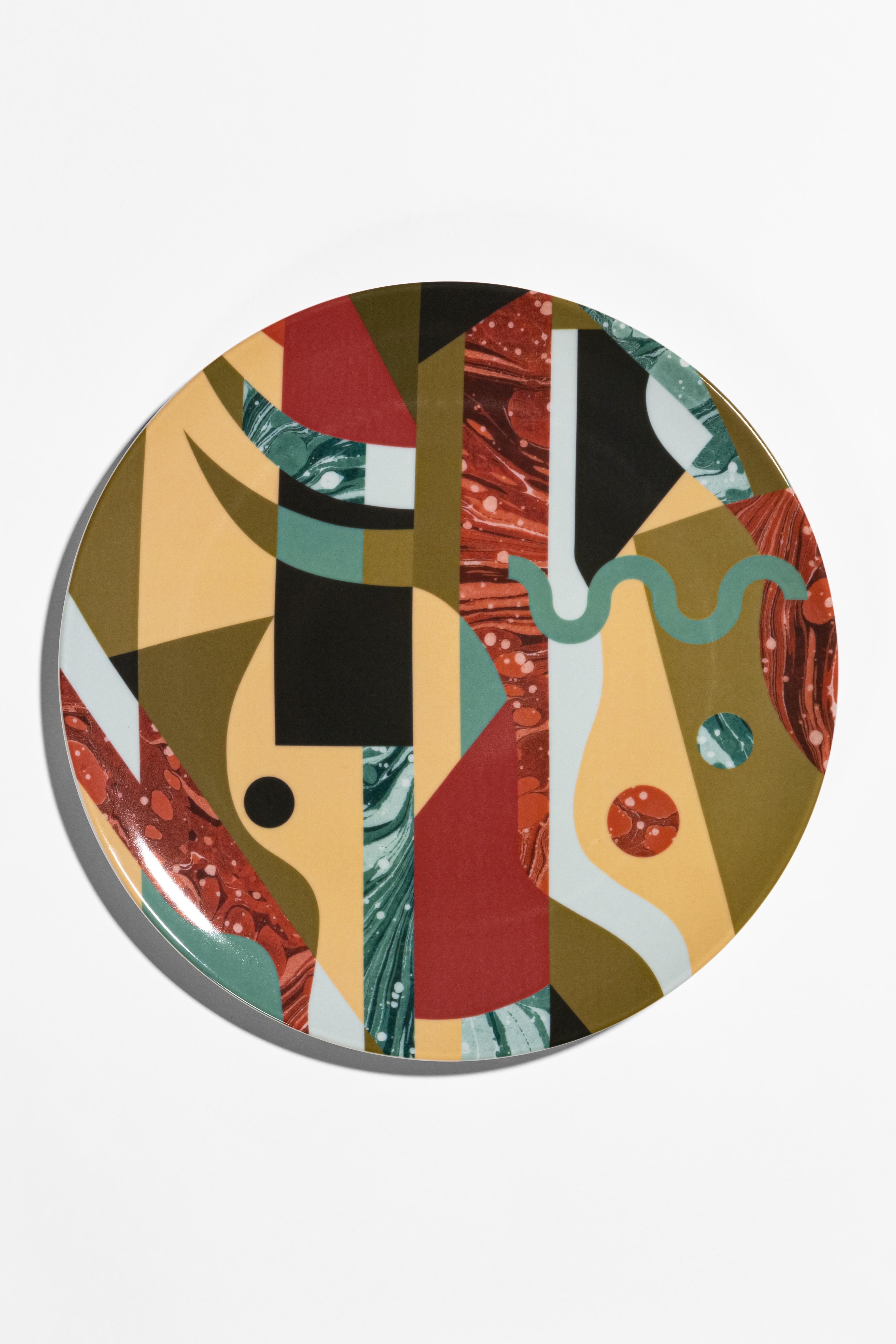 Italian Alchimie, Six Contemporary Porcelain Dinner Plates with Decorative Design For Sale