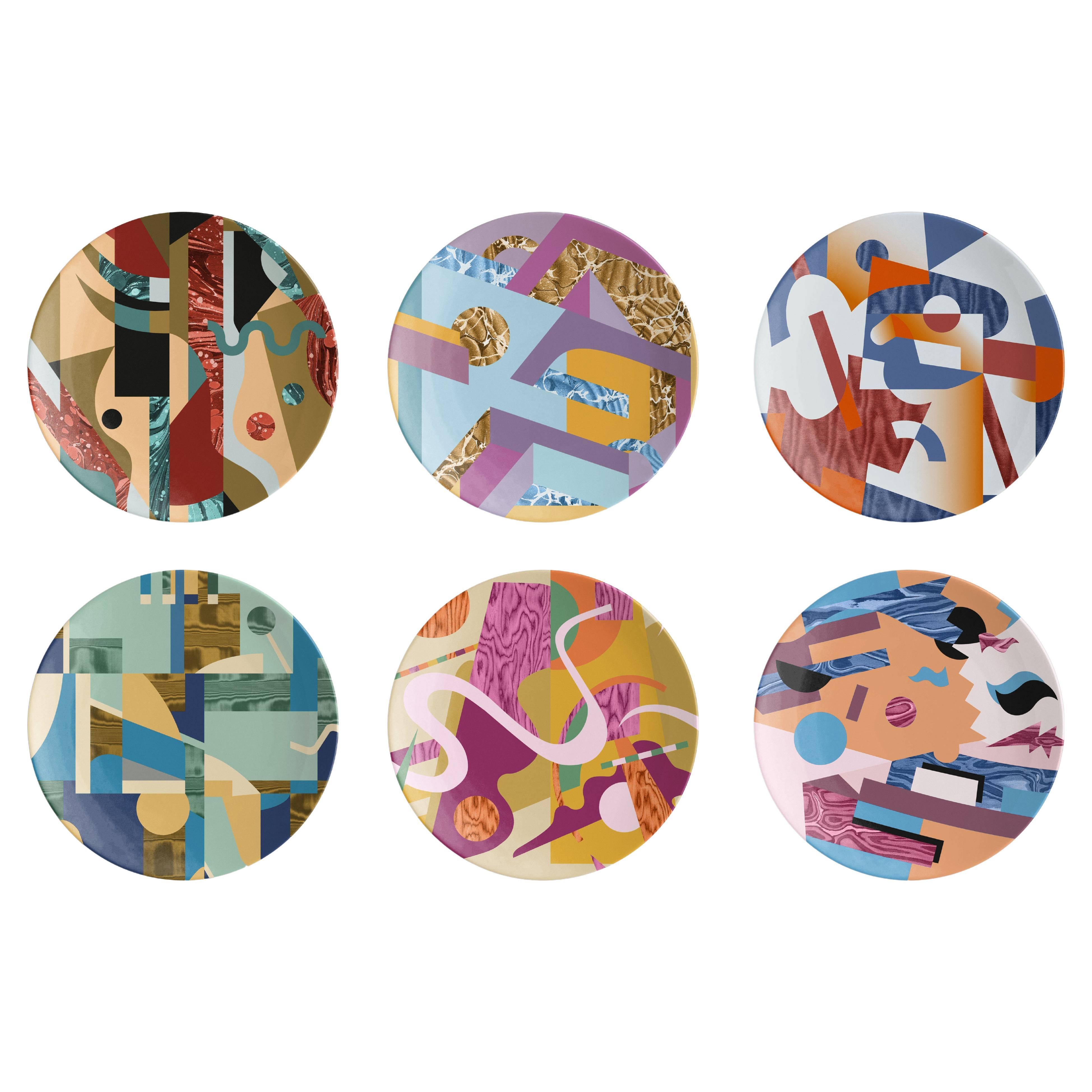 Alchimie, six assiettes plates contemporaines en porcelaine avec design décoratif en vente