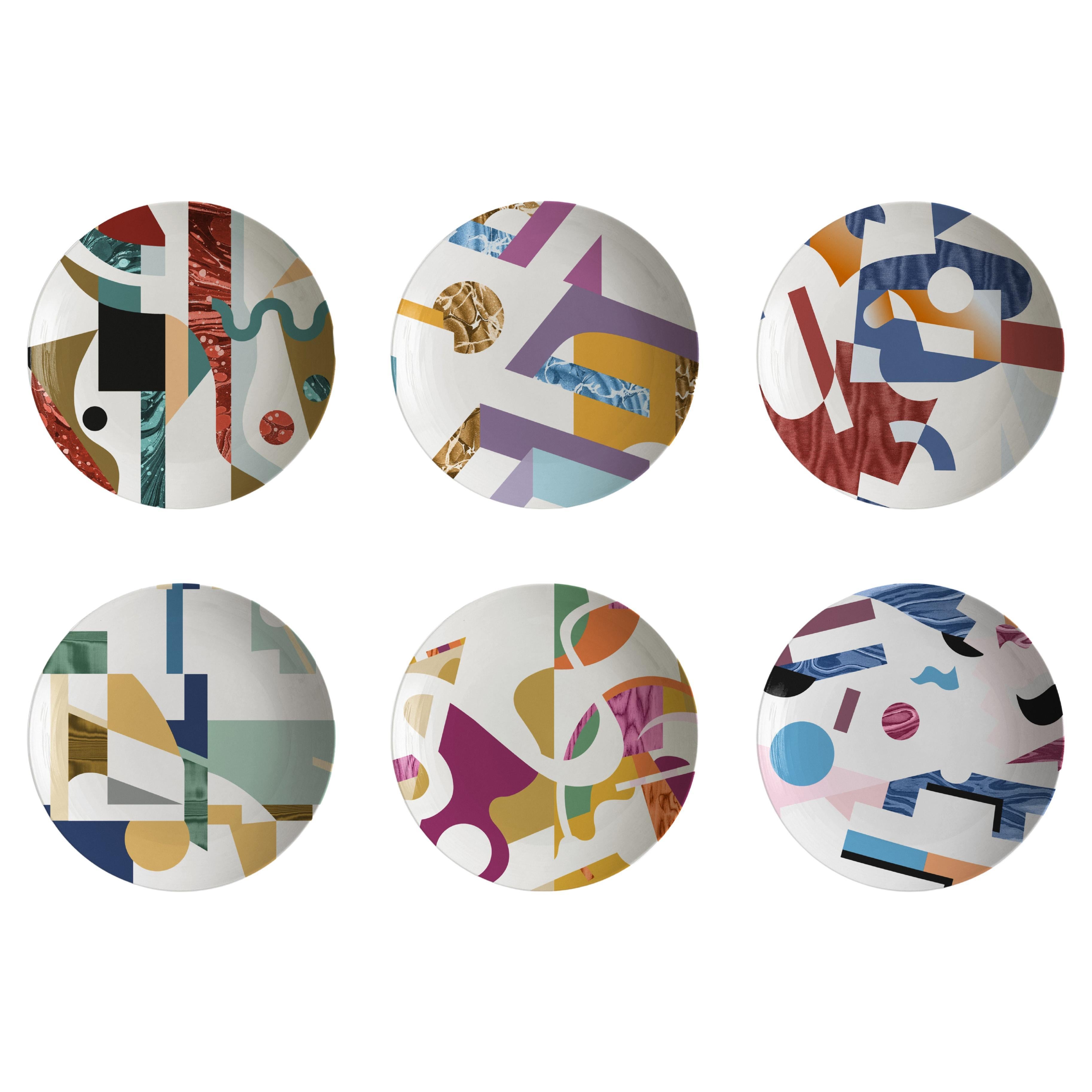 Alchimie, Six Contemporary Porcelain soup plates with Decorative Design For Sale