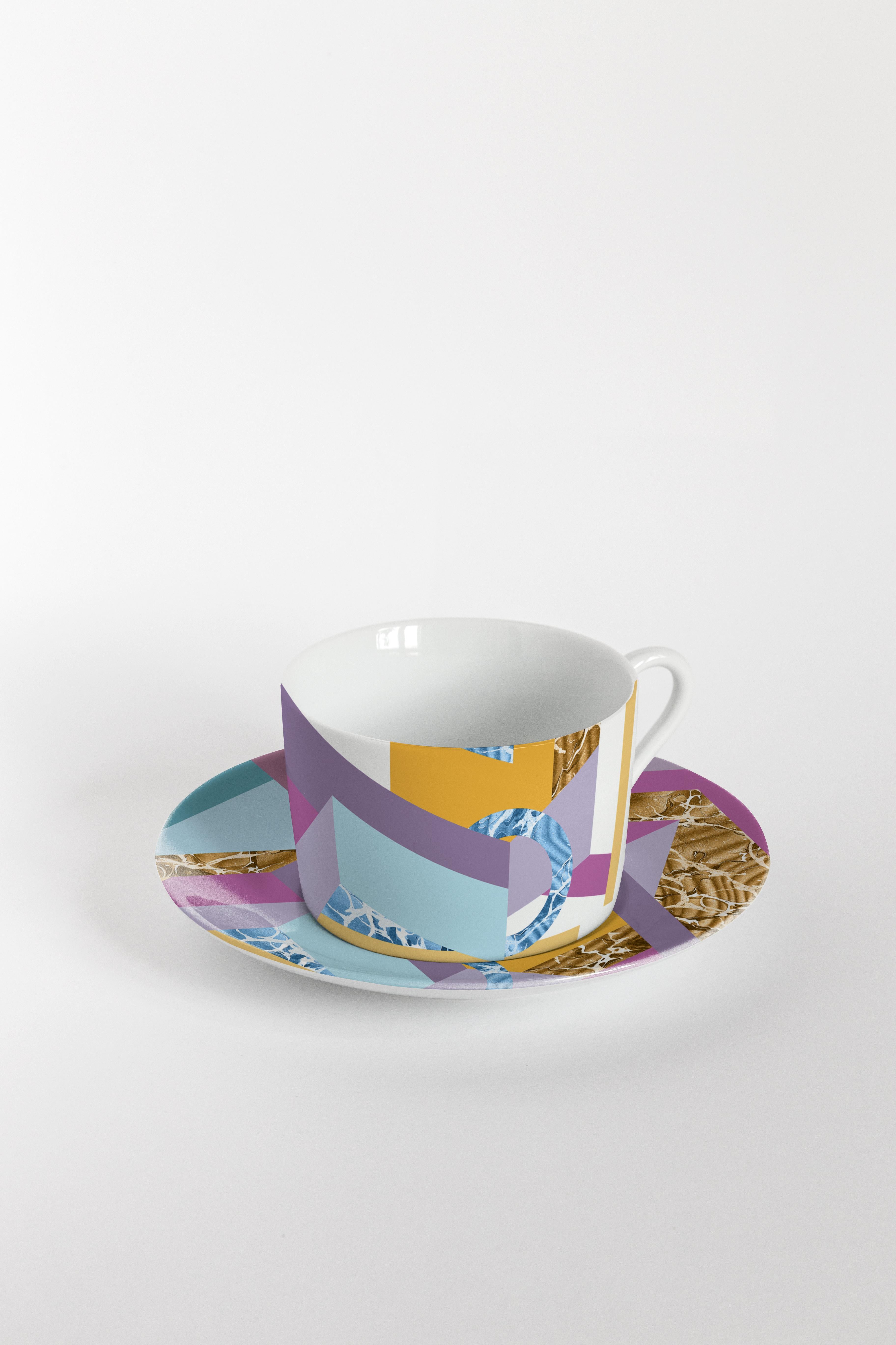 Alchimie, Teeservice mit sechs zeitgenössischen Porzellanen mit dekorativem Design (Italienisch) im Angebot