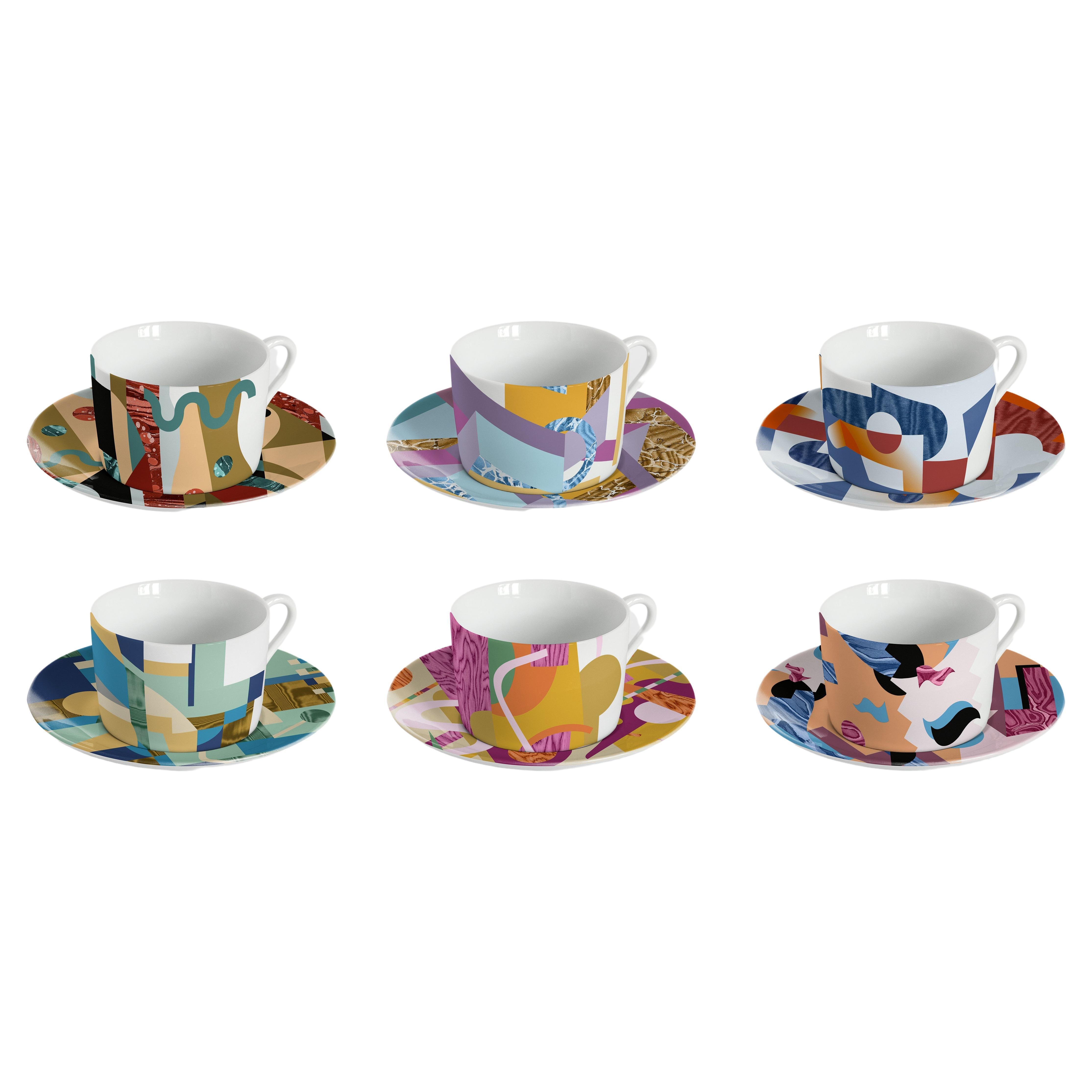 Alchimie, Tea Set with Six Contemporary Porcelains with Decorative Design