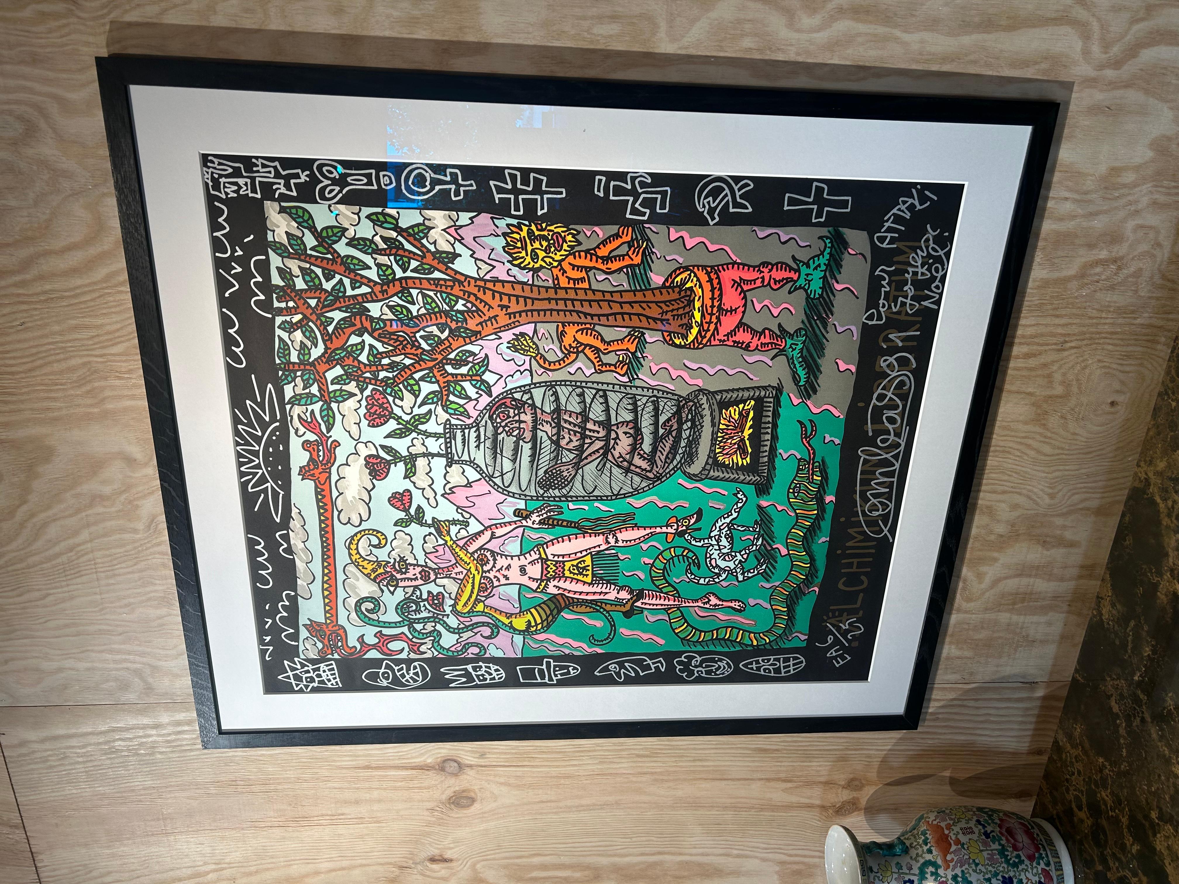 
Robert Combas,
Litografia a colori intitolata Alchimikum Liberatum, 1991
Impreziosito e dedicato in inchiostro d'argento ai margini.
