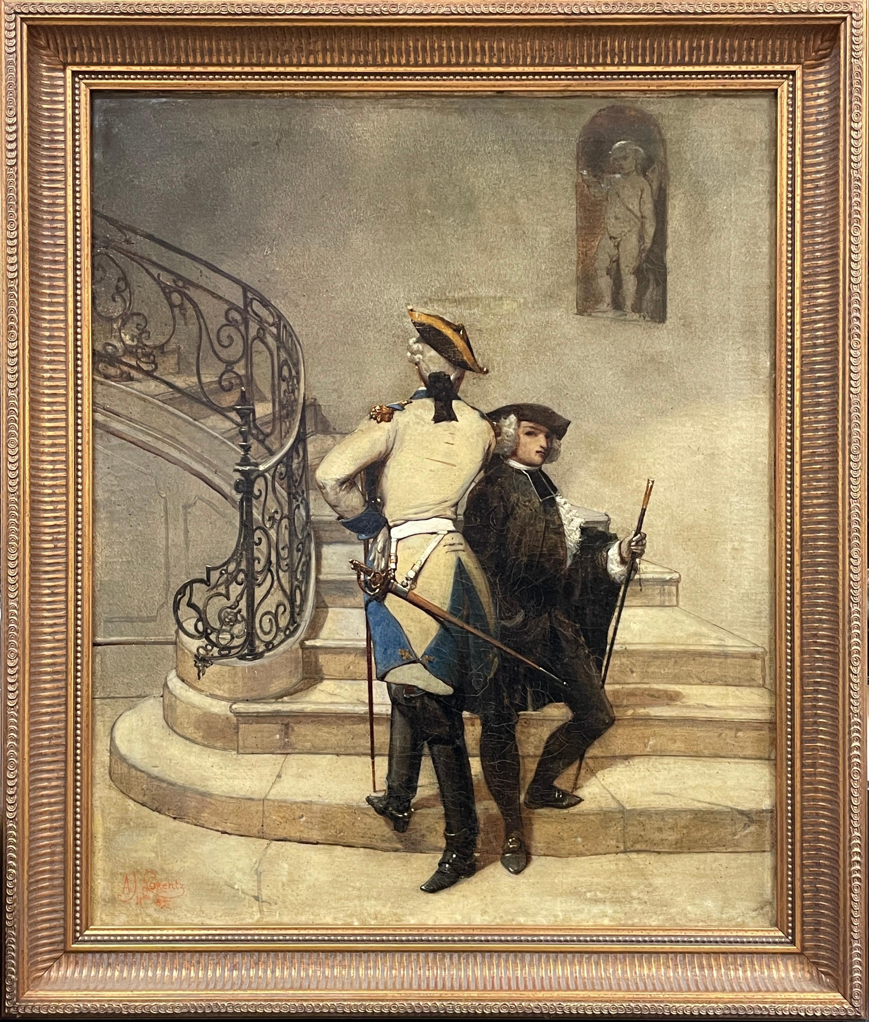 The Dueling Partners 1850's French Oil, Chateau Staircase Interior Beautiful oil - Painting by Alcide Joseph LORENTZ